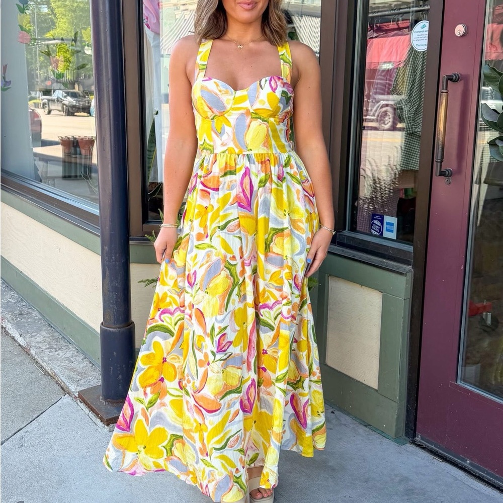Timing Yellow Floral Bustier Maxi Dress with Tie Straps